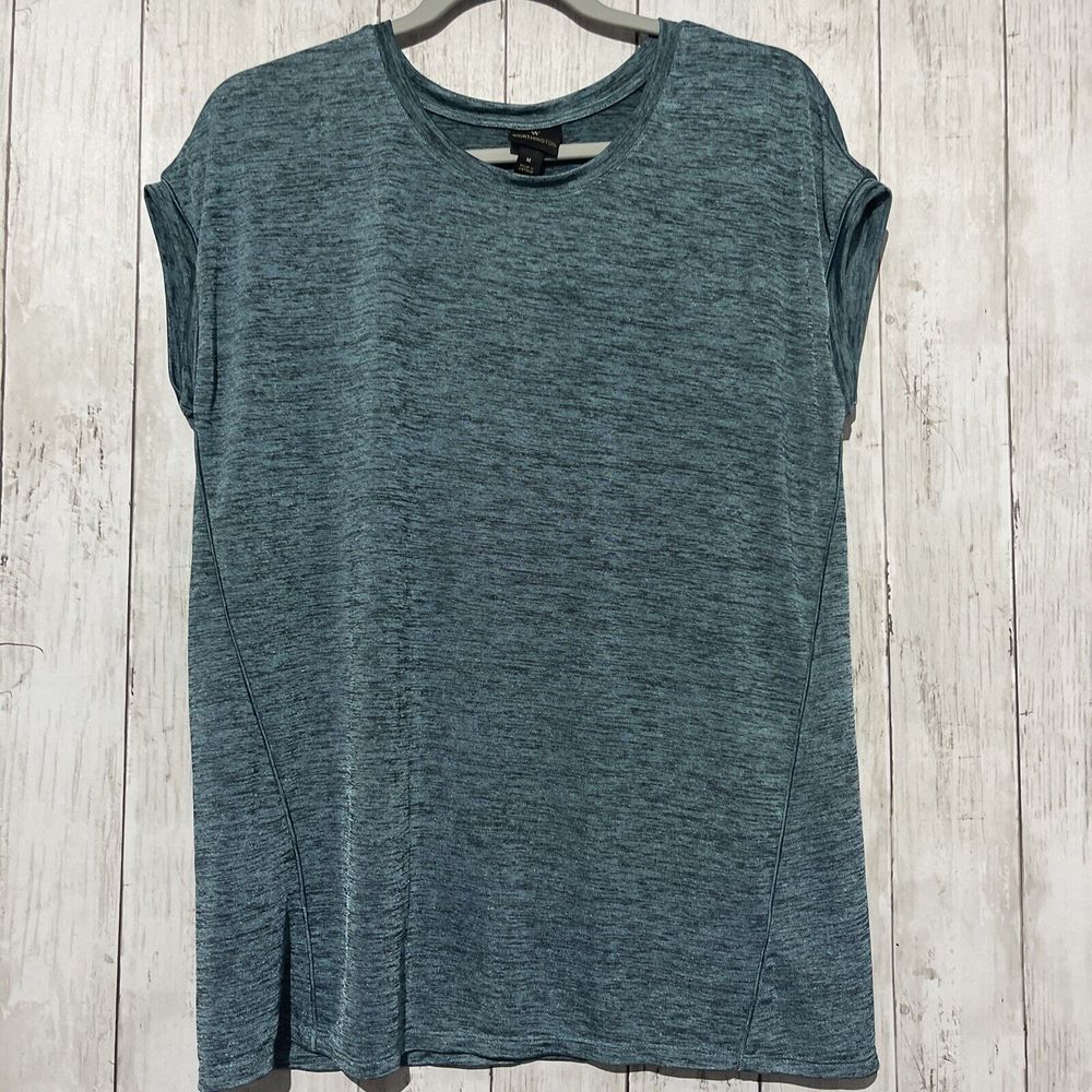 Worthington M Space Dye Top Womens Teal Cap Sleeve Crew Neck Relaxed Tee